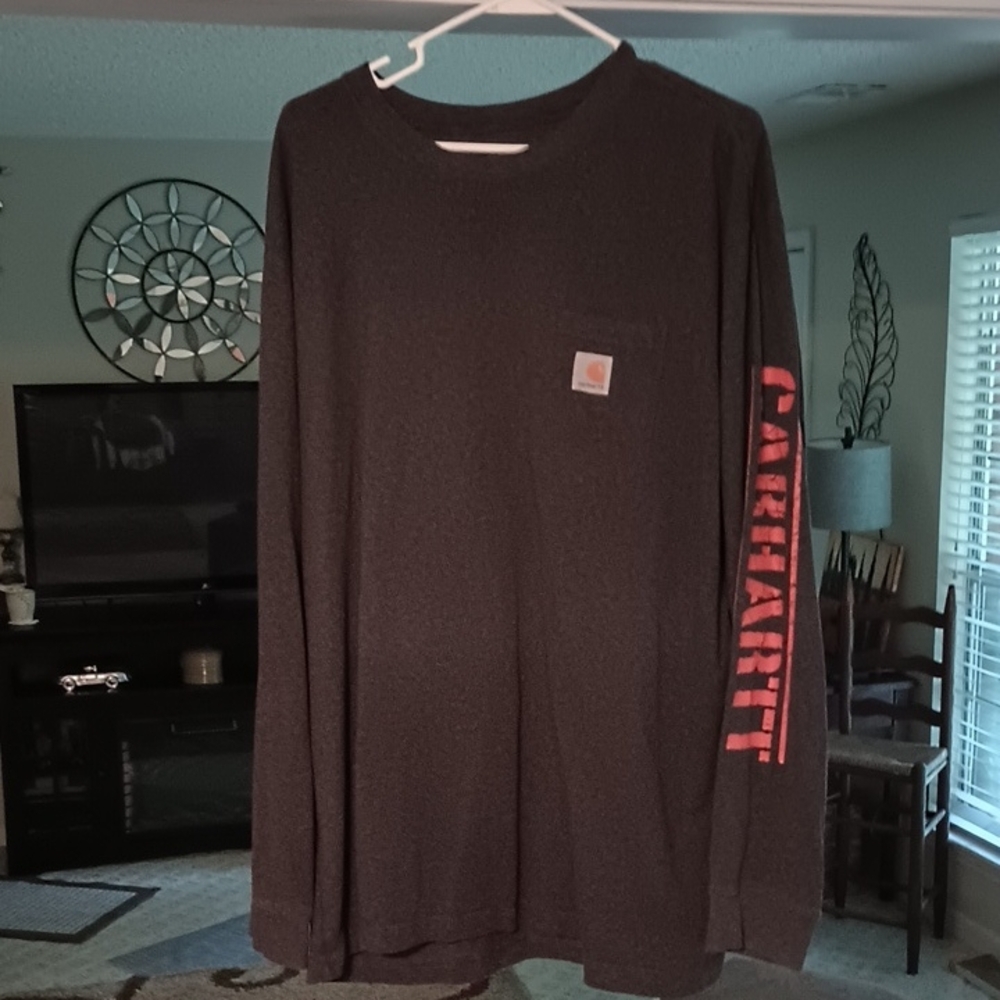 Carhartt Men's Dark Gray Long Sleeve Tee with Red Logo